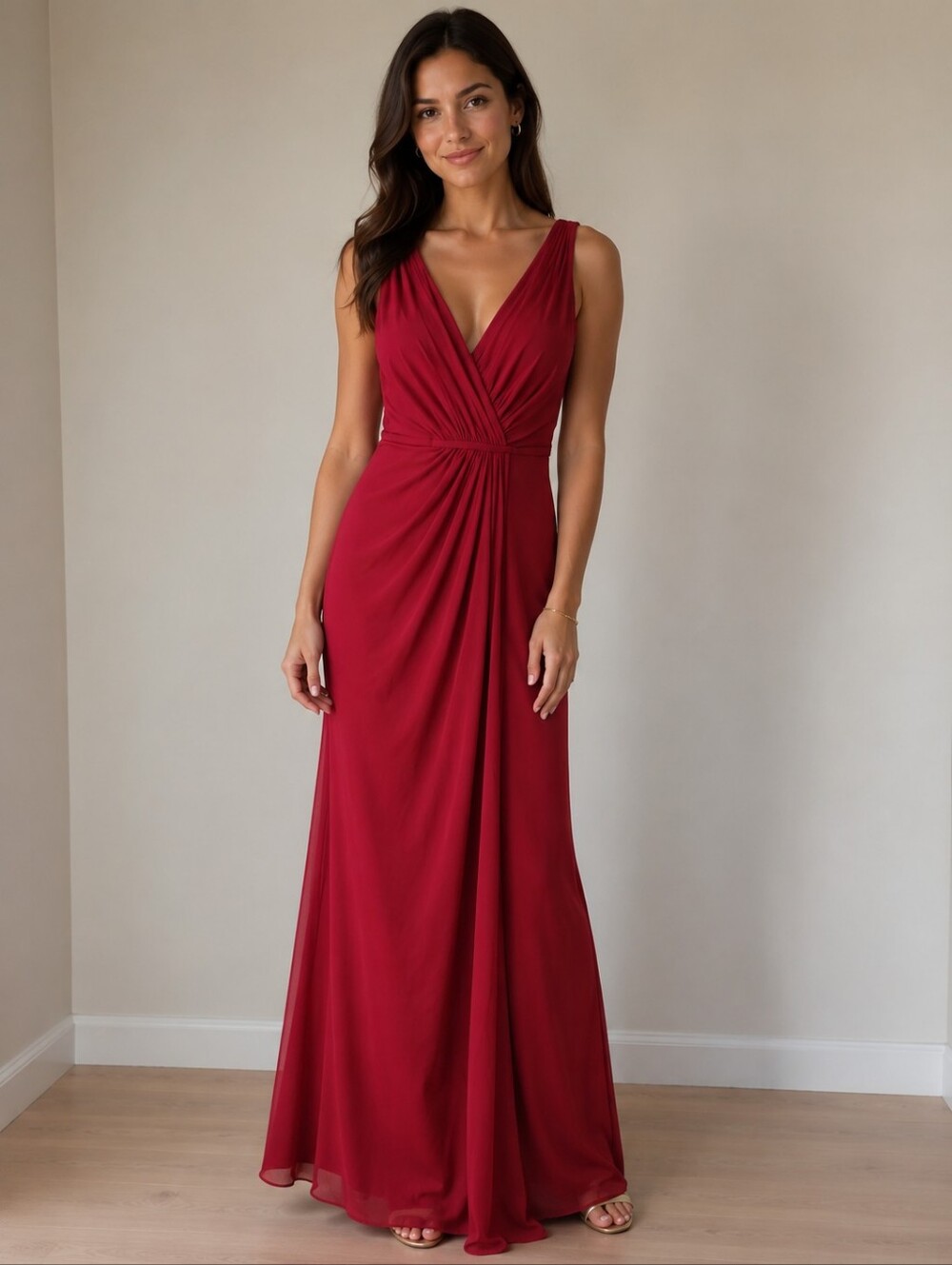 David's Bridal Red V-Neck Maxi Dress